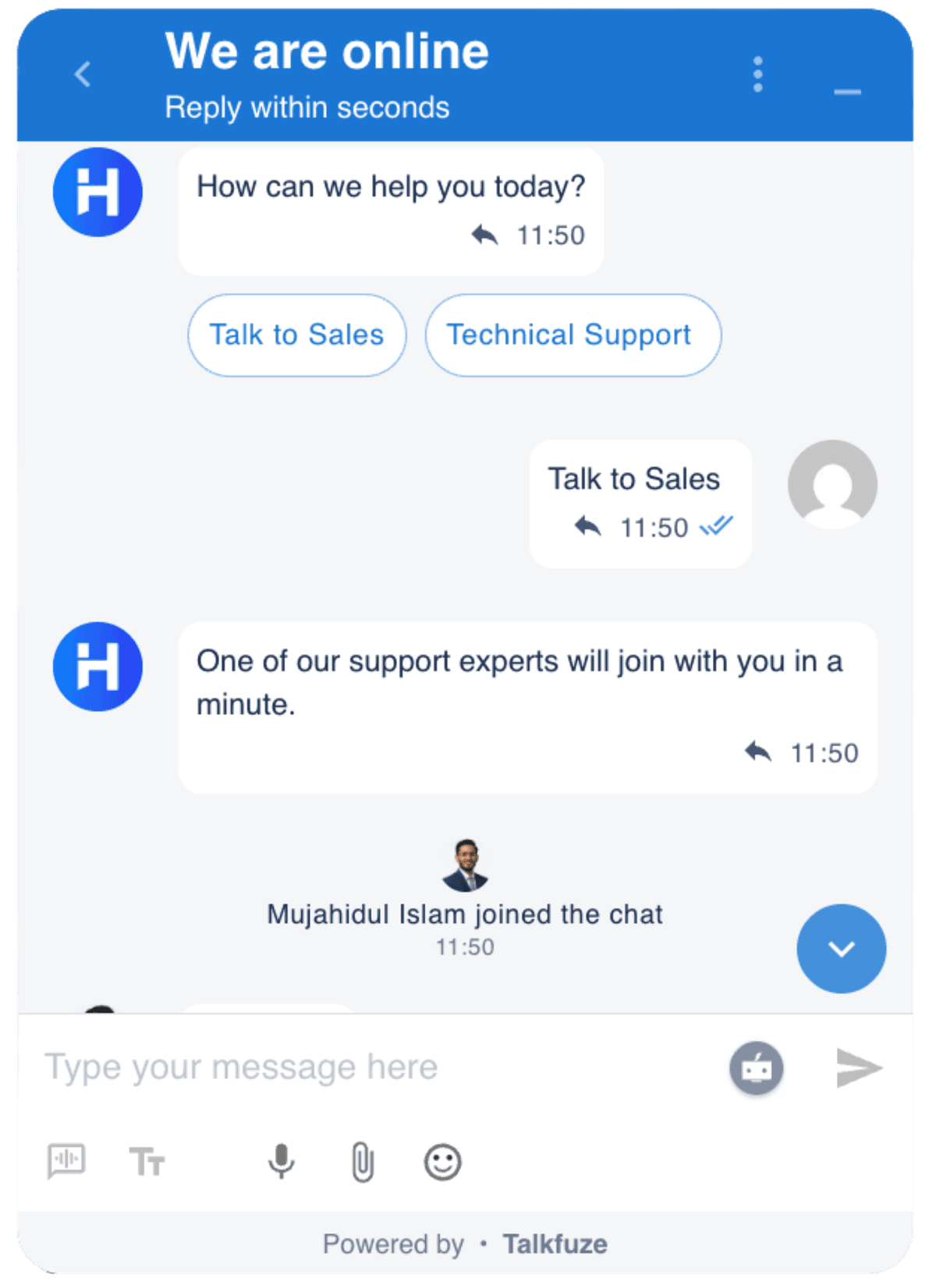 TalkFuze live chat widget preview showing customer conversation